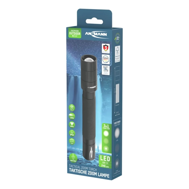 Ansmann LED Torch Black 240 lm Luminosity IP54 Aluminium Housing 164 mm Length 1600-0173-520