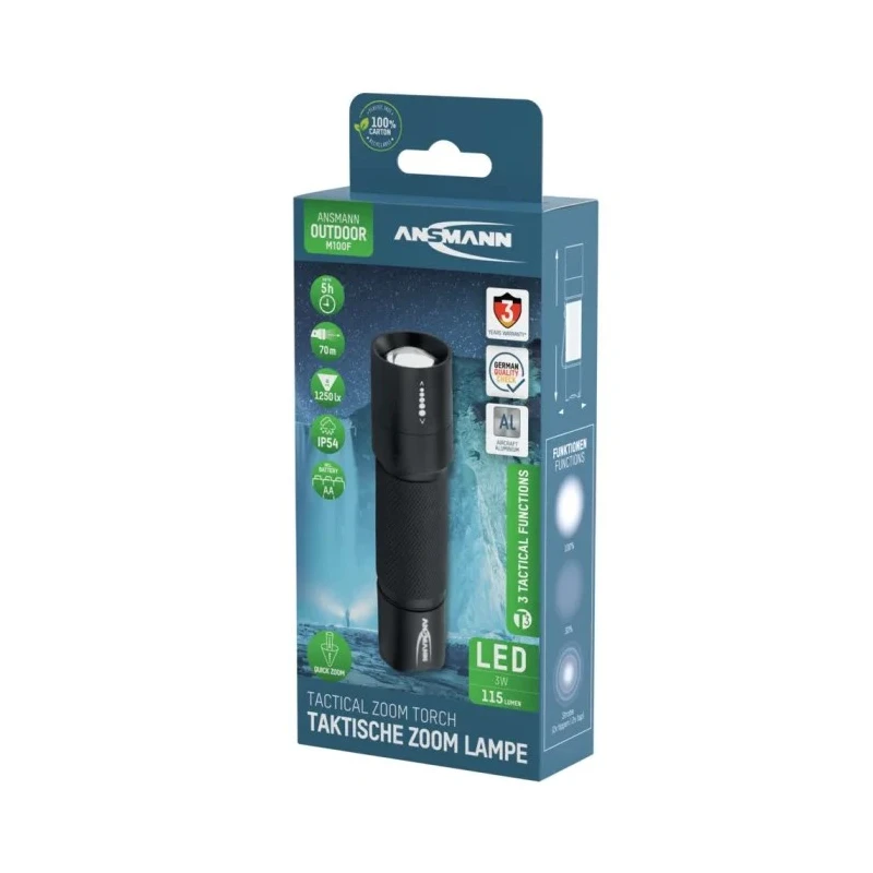 Ansmann Aluminium LED Torch Black 115 Lumens, Spot and Flood Beam, IP54, 104.3 mm Length 1600-0170-520