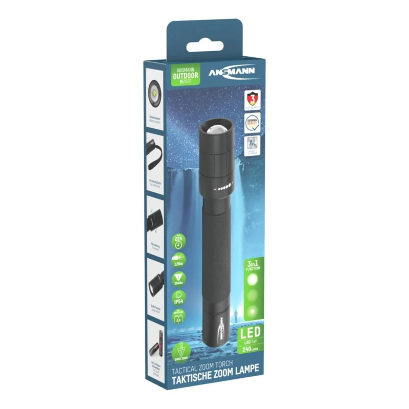 Ansmann LED Torch Black 240 lm Luminosity IP54 Aluminium Housing 164 mm Length 1600-0173-520
