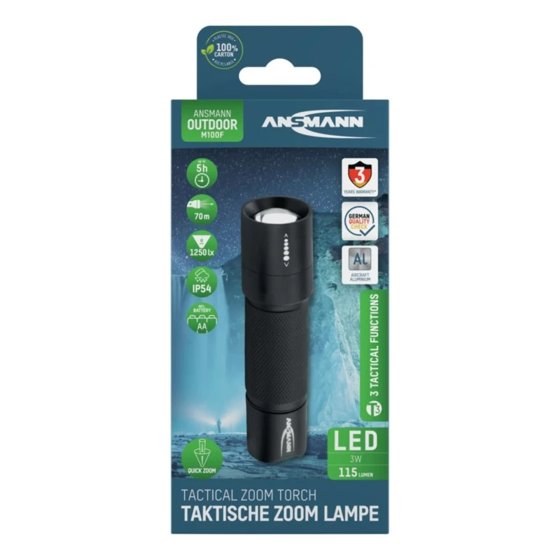 Ansmann Aluminium LED Torch Black 115 Lumens, Spot and Flood Beam, IP54, 104.3 mm Length 1600-0170-520