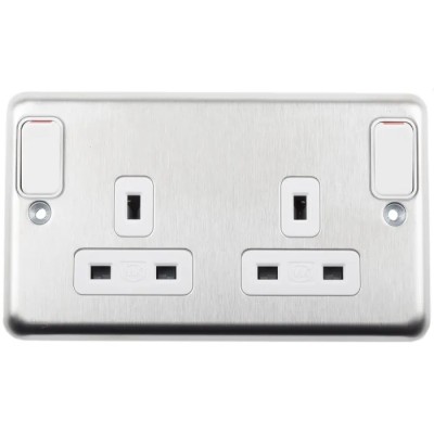 MK Electric 13A Silver 2 Gang Plug Socket Type G Flush Surface Screwless Rocker Switch K2947BSS