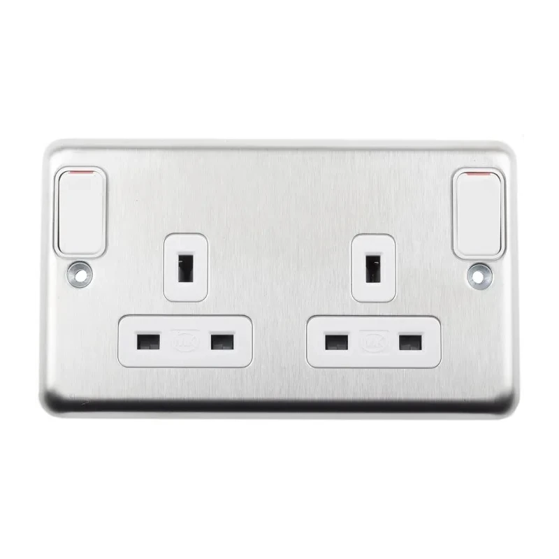 MK Electric 13A Silver 2 Gang Plug Socket Type G Flush Surface Screwless Rocker Switch K2947BSS