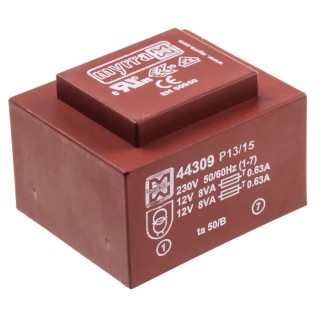 Myrra PCB Transformer 2x12 V ac 2 Output 16 VA, UL 1585, EN 60950, EN 61558-2-6 44309