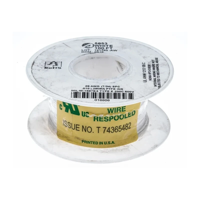 Alpha Wire Hookup Wire TEFLON Series White Jacket, 26 AWG, 7x0.16 mm Core Strands, 30 m Length, 600V, Flame 5853 WH005