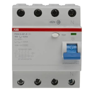 ABB F200 Series Residual Current Circuit Breaker, 40A, 4-Pole, 30 mA, Type A, 1 kA 2CSF204401R1400 F204 A-40/0,03 AP-R