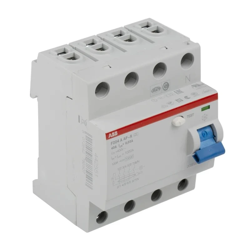 ABB F200 Series Residual Current Circuit Breaker, 40A, 4-Pole, 30 mA, Type A, 1 kA 2CSF204401R1400 F204 A-40/0,03 AP-R