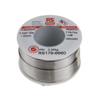 RS PRO 1 mm Lead Solder Wire, 40% Lead, 60% Tin, Rosin Flux Core, 183 °C Melting Point 179-6660