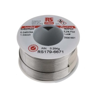 RS PRO Lead Solder Wire 1 mm Diameter 40% Lead 60% Tin Rosin Flux 183°C Melting Point 250g 179-6671