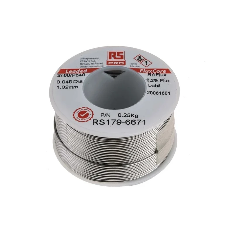 RS PRO Lead Solder Wire 1 mm Diameter 40% Lead 60% Tin Rosin Flux 183°C Melting Point 250g 179-6671