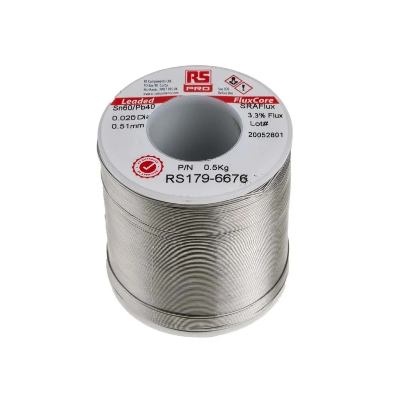 RS PRO Lead Solder Wire 0.5 mm Diameter, 40% Lead, 60% Tin, Rosin Flux Core, 183°C Melting Point, 500 g 179-6676