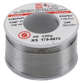 RS PRO Lead Solder Wire 1 mm Diameter 40% Lead 60% Tin Rosin Flux 183°C Melting Point 250g 179-6679