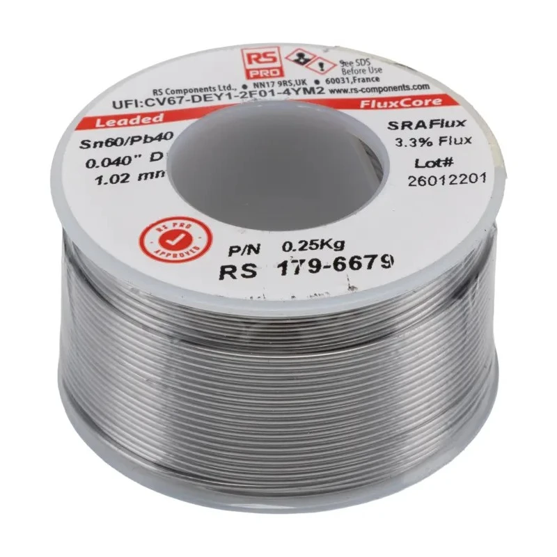 RS PRO Lead Solder Wire 1 mm Diameter 40% Lead 60% Tin Rosin Flux 183°C Melting Point 250g 179-6679
