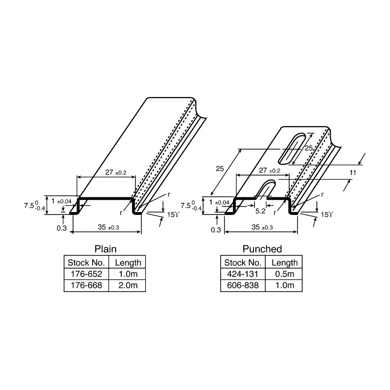 Legrand Steel Unperforated DIN Rail, 2 m Length, 35 mm Width, 7.5 mm Height 0 374 04
