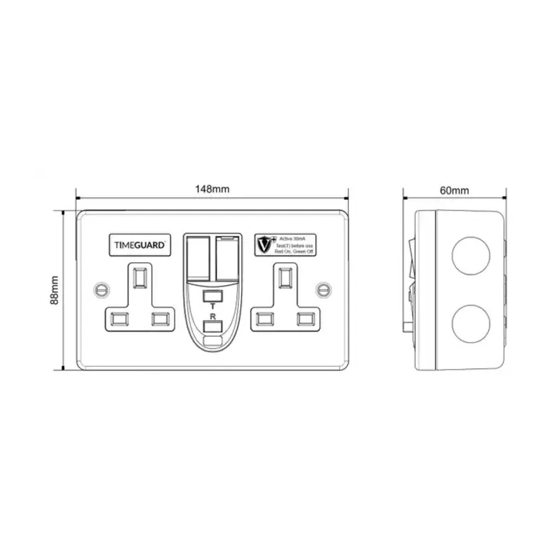 Timeguard 13A Passive 1 RCD Socket Steel Surface Switched 230V ac BS7288 & BS1363-2 RCD08MPVN