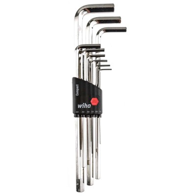 Wiha 9 Piece L Metric Hex Key Set, Hex Size 1.5 to 10 mm, Chrome Vanadium Steel, Chrome Finish 01222
