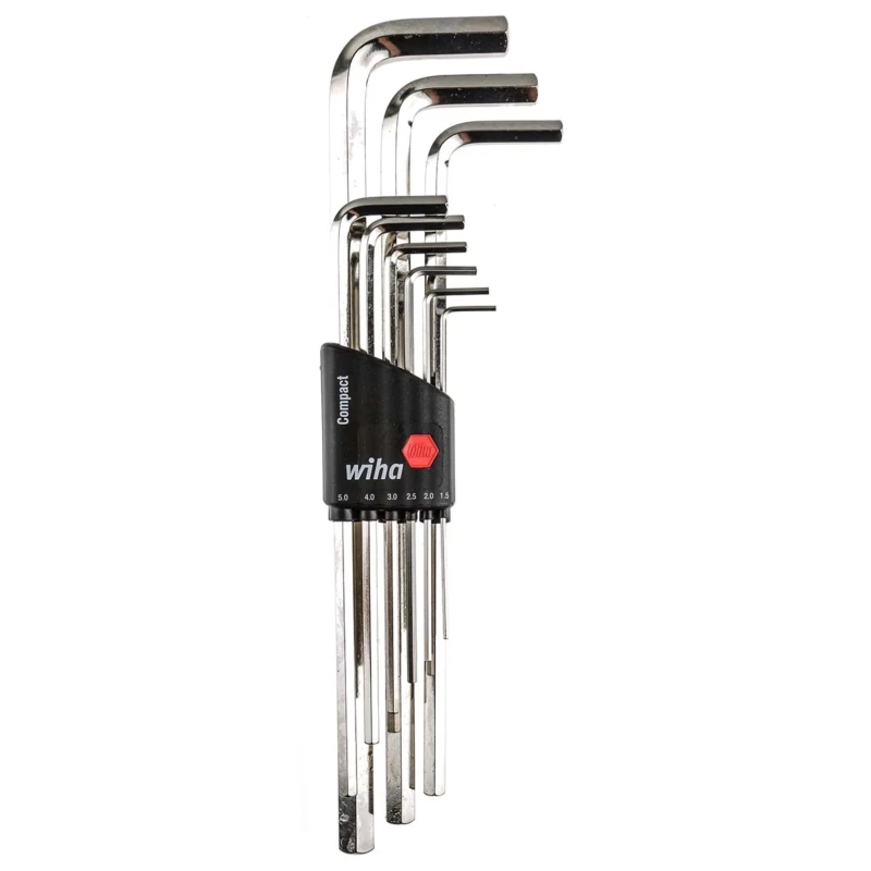 Wiha 9 Piece L Metric Hex Key Set, Hex Size 1.5 to 10 mm, Chrome Vanadium Steel, Chrome Finish 01222