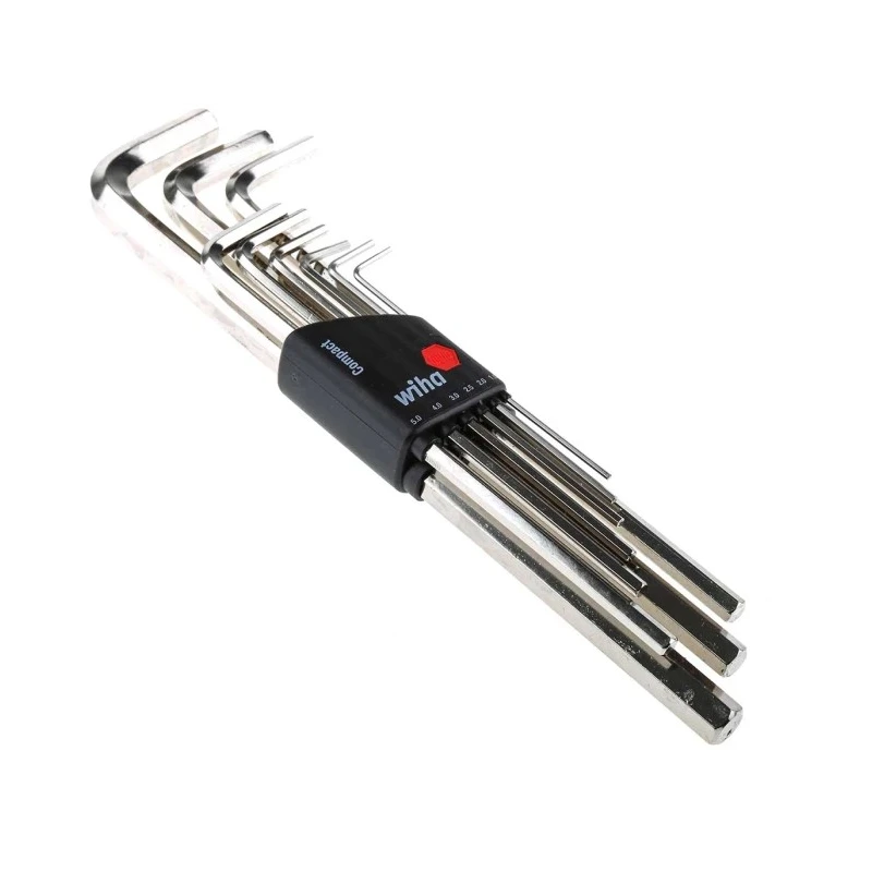 Wiha 9 Piece L Metric Hex Key Set, Hex Size 1.5 to 10 mm, Chrome Vanadium Steel, Chrome Finish 01222