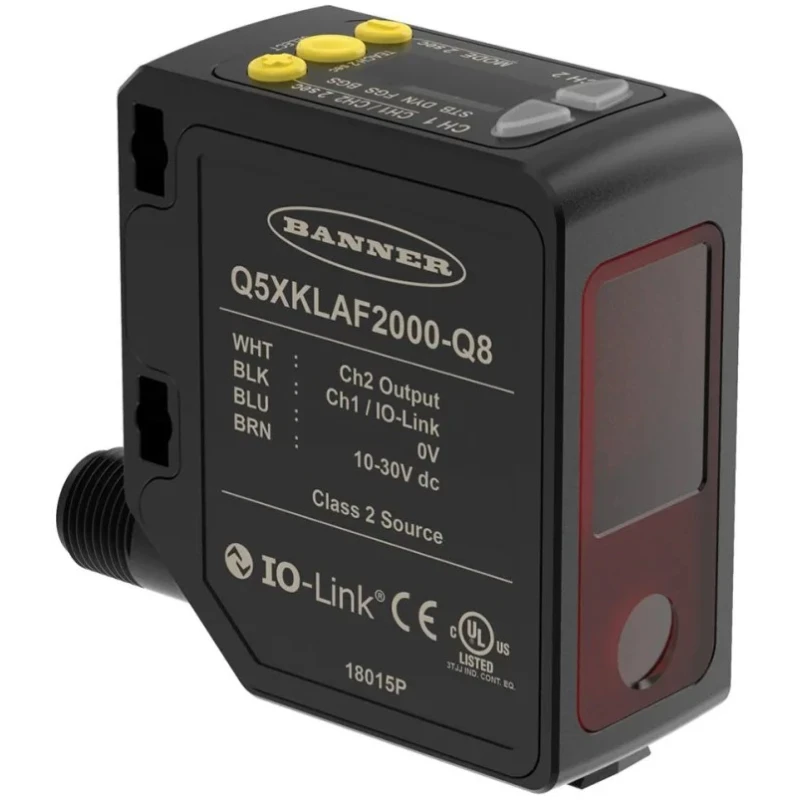 Banner Photoelectric Sensor Block Style with PNP/NPN Output, 95 mm to 2 m Detection Range, IO-Link Interface, IP67 
