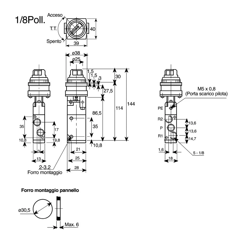 SMC Twist Selector Mechanical Valve 5/2 Pneumatic Control Rc 1/8 Port, 0.7 MPa, Black Button VZM500 