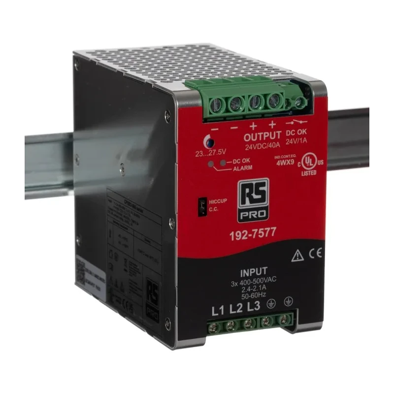 RS PRO Switched Mode 3 Phase DIN Rail Power Supply 24V DC 40A Output 960W 725V AC/DC Input 192-7577