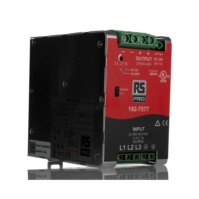 RS PRO Switched Mode 3 Phase DIN Rail Power Supply 24V DC 40A Output 960W 725V AC/DC Input 192-7577