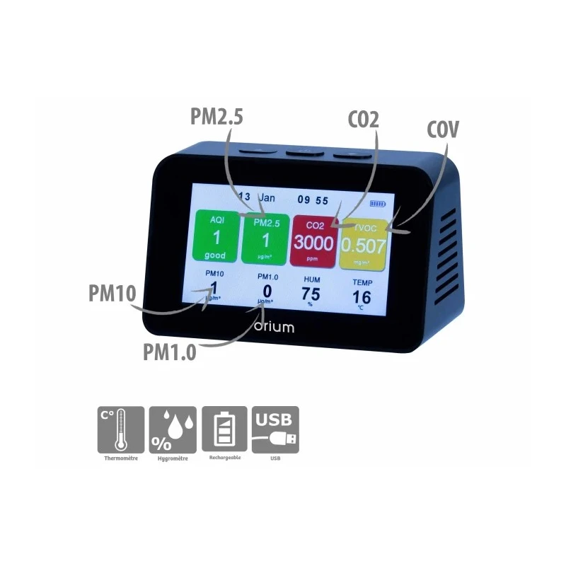 Orium Quaelis 34 Air Quality Meter 0°C to 50°C, 90 %RH Max, USB-Powered Lithium Battery, LCD Backlight Display 23658