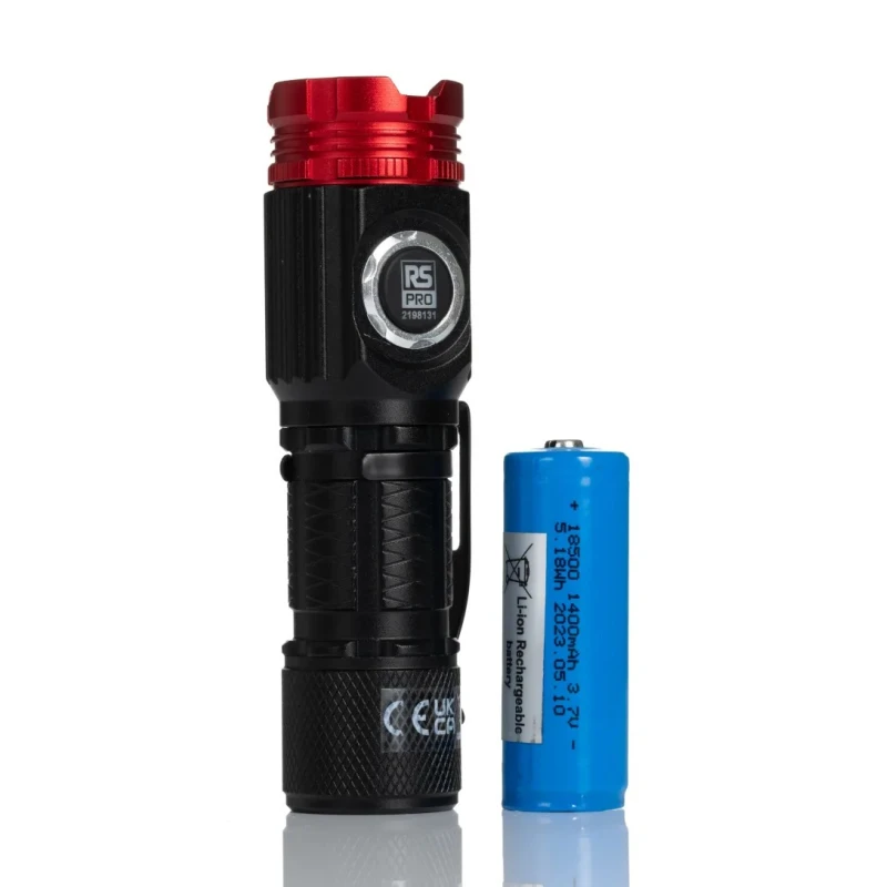 RS PRO Rechargeable LED Torch Aluminium Housing 1500 lm Luminosity 105 mm Length 219-8131