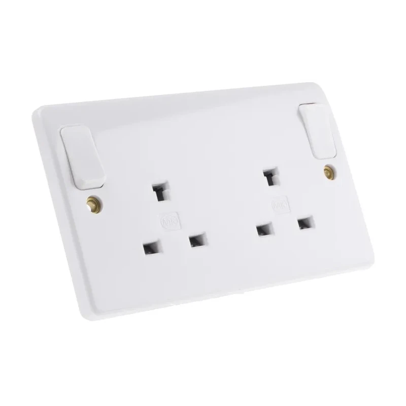 MK Electric 13A White 2 Gang Flush Mount Logic Plus Indoor Switched Plug Socket Type G British K1246 WHI