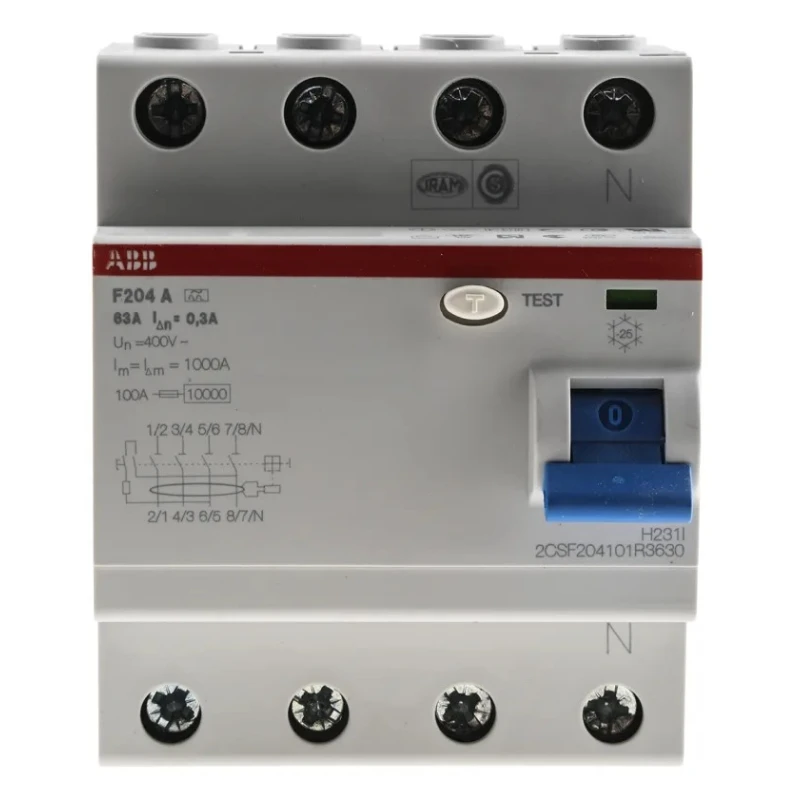 ABB Residual Current Circuit Breaker 63A 4-Pole 300 mA Type A 0.3A 400V AC F200 Series 2CSF204101R3630 - F204A-63/0.3