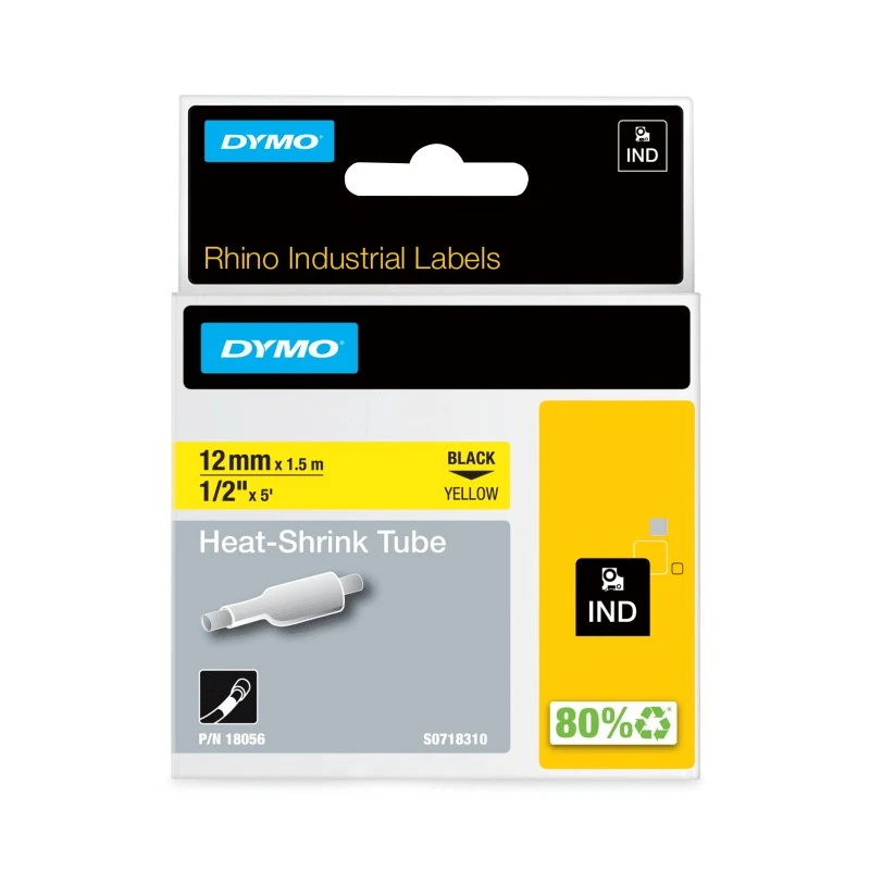Dymo Heat Shrink Tubing Yellow 12 mm Sleeve Diameter x 1.5m Length 3:1 Ratio Polyolefin Flame Retardant 18056