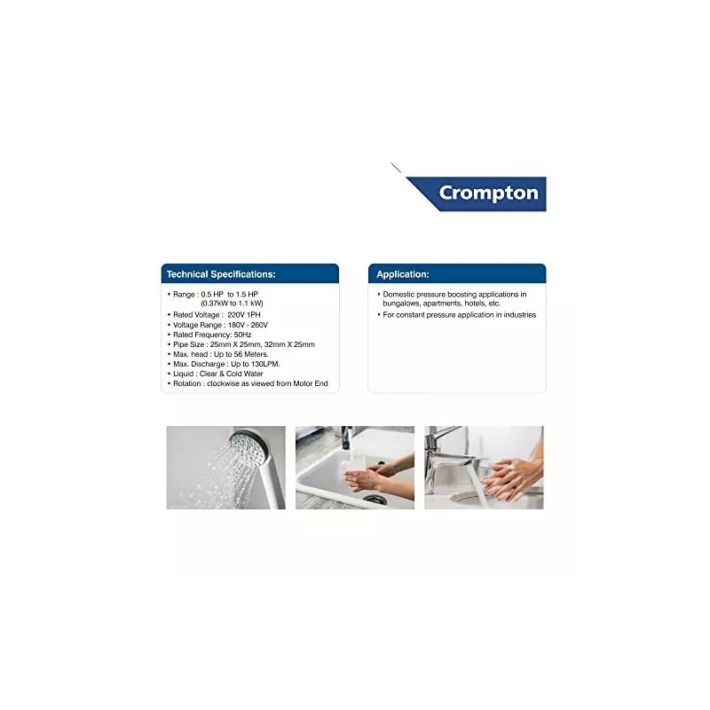 Crompton CFMSMB5D1.00-V24 Single Phase 1 HP Booster Pressure Pump with Tank