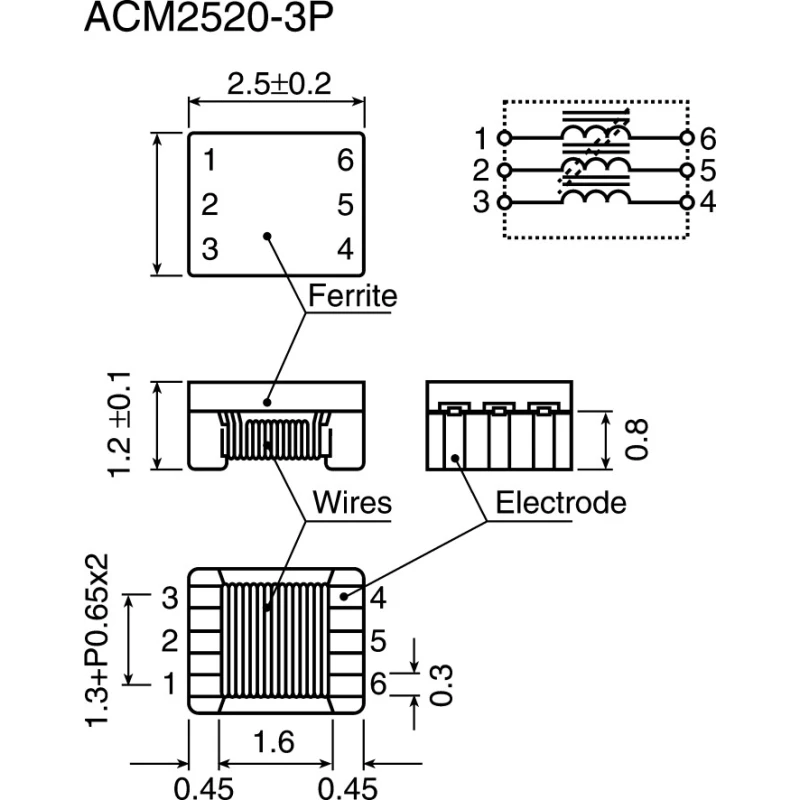 TDK Surface Mount Common Mode Line Filter with Ferrite Core 150mA Maximum DC Current ACM2520-801-3P-T