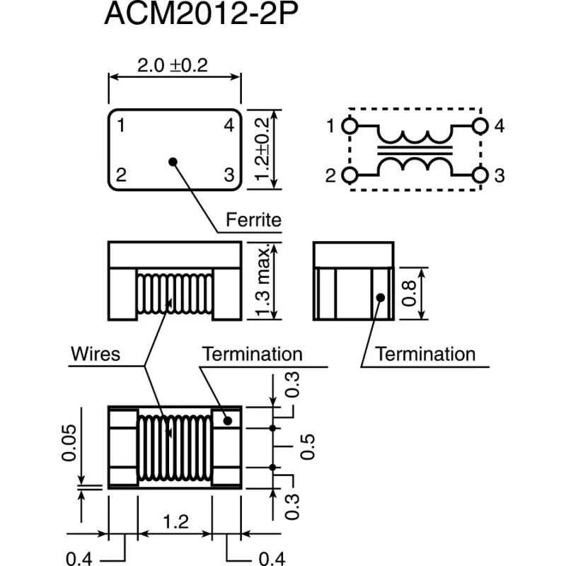 TDK Surface Mount Common Mode Line Filter with Ferrite Core 400mA Idc, 2.5mm x 1.2mm x 2mm ACM2520-301-2P-T