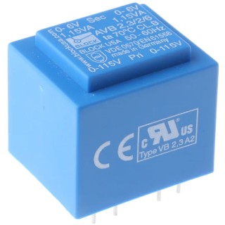 Block 6 V ac 2 Output Pin PCB Transformer, ENEC 10 (VDE), C-UL-US 2.3 VA AVB2.3/2/6