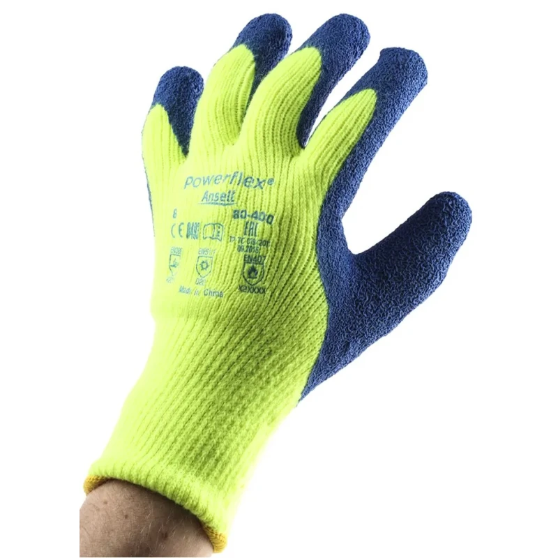Ansell PowerFlex Yellow Acrylic Work Gloves Size 8 Latex Coating 80400080