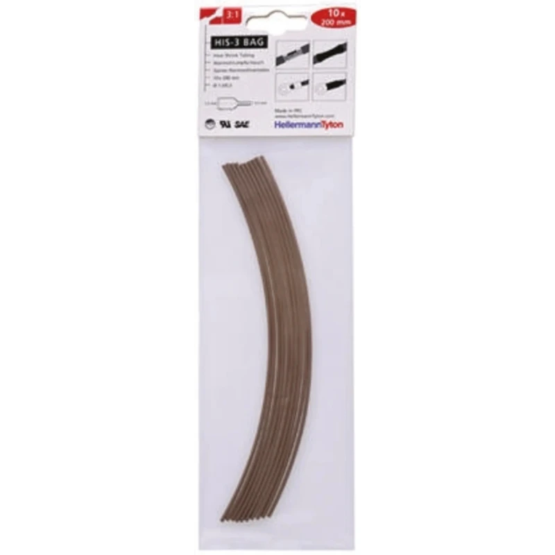 HellermannTyton Heat Shrink Tubing Brown 1.5 mm Sleeve Dia. x 200 mm Length 3:1 Ratio 308-30163 HIS-3-BAG-1.5/0.5-PO-X-BN