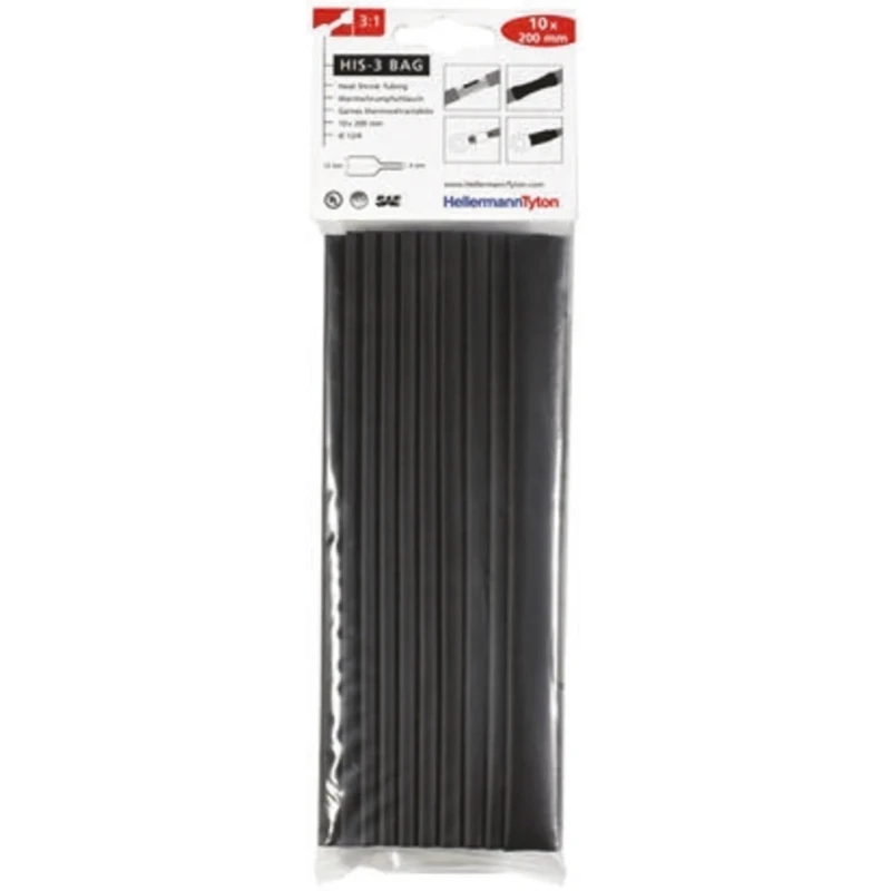 HellermannTyton Heat Shrink Tubing Black 12 mm Sleeve Diameter x 200 mm Length 3:1 Shrink 308-31210 HIS-3-BAG-12/4-PO-X-BK