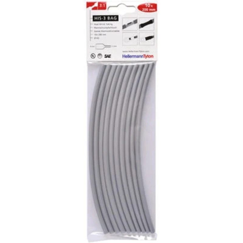 HellermannTyton Heat Shrink Tubing Grey 6 mm Sleeve Diameter x 200 mm Length 3:1 Shrink 308-30613 HIS-3-BAG-6/2-PO-X-GY
