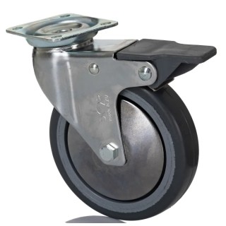 RS PRO Braked Swivel Castor, 60 kg Load Capacity, 100 mm Rubber Wheel Diameter, Overall Height 129 mm, 4 Fixing 712-4872