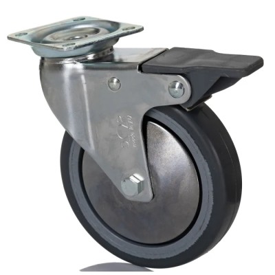 RS PRO Braked Swivel Castor, 60 kg Load Capacity, 100 mm Rubber Wheel Diameter, Overall Height 129 mm, 4 Fixing 712-4872