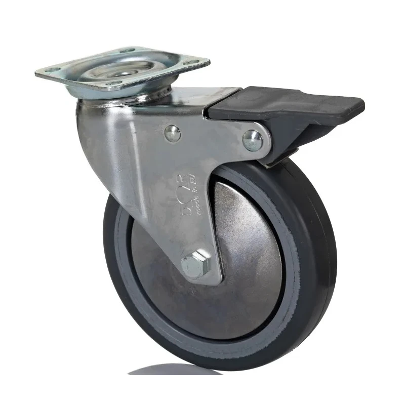 RS PRO Braked Swivel Castor, 60 kg Load Capacity, 100 mm Rubber Wheel Diameter, Overall Height 129 mm, 4 Fixing 712-4872