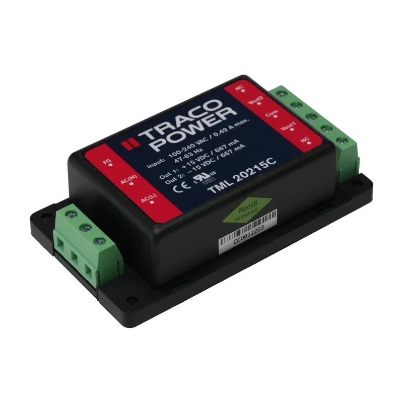 TRACOPOWER Switching Power Supply 2 Output 15V DC 20W 264V AC Chassis Mount TML 20215C