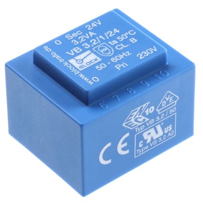 Block PCB Transformer 24 V AC 1 Output Pin 3.2 VA Efficiency 58% Isolation Voltage 5000V VB 3,2/1/24