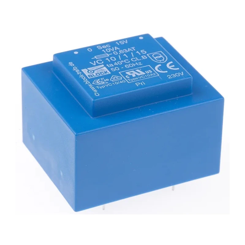 Block PCB Transformer 15 V AC 1 Output Pin 10 VA, 230 V AC Primary, ENEC 10 (VDE), C-UL-US VC 10/1/15