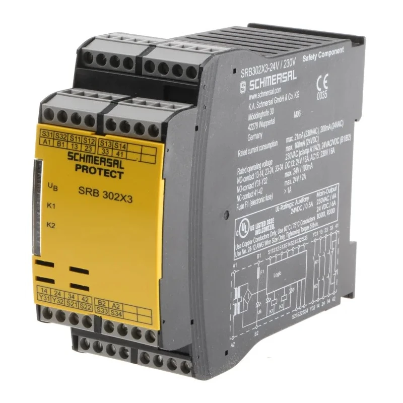 Schmersal 28.8V Safety Relay 3 Safety Contacts 2 Auxiliary Contacts Snap-On Mount SRB302X3-24VAC/DC-230VAC