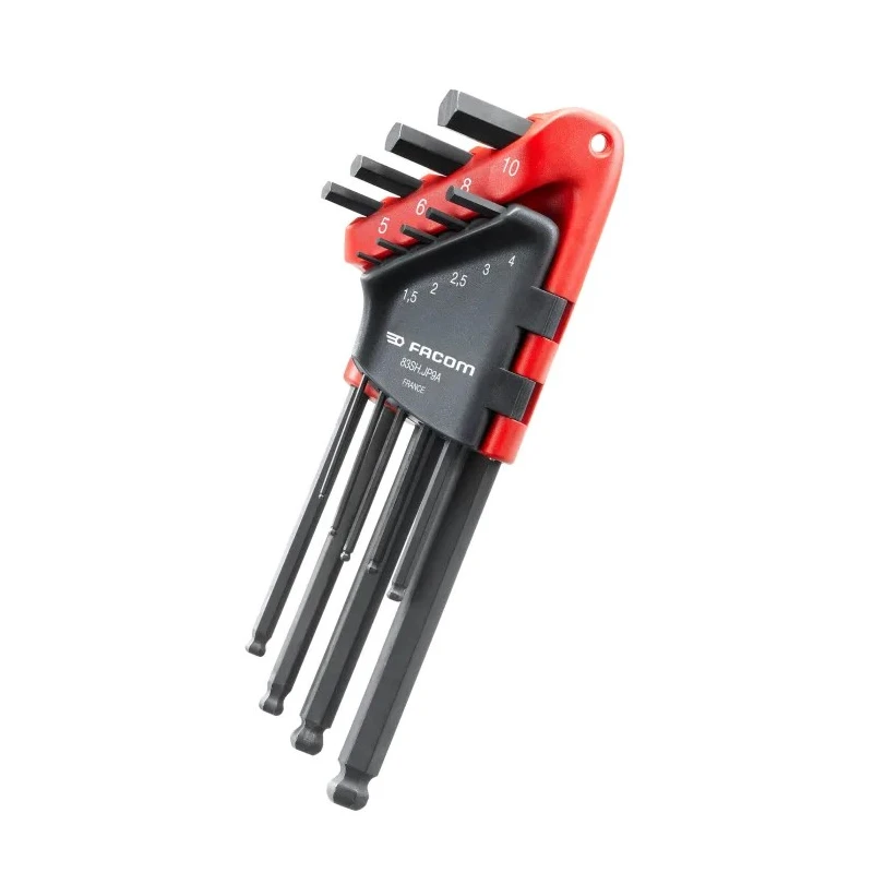 Facom 9 Piece L Metric Hex Key Set, Long Arm, Silicon Steel, Polished Phosphate Finish, Hex Sizes 1.5 mm to 10 mm 83SH.JP9APF
