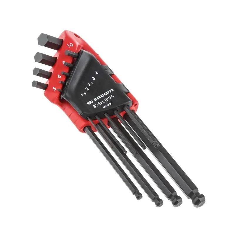 Facom 9 Piece L Metric Hex Key Set, Long Arm, Silicon Steel, Polished Phosphate Finish, Hex Sizes 1.5 mm to 10 mm 83SH.JP9APF