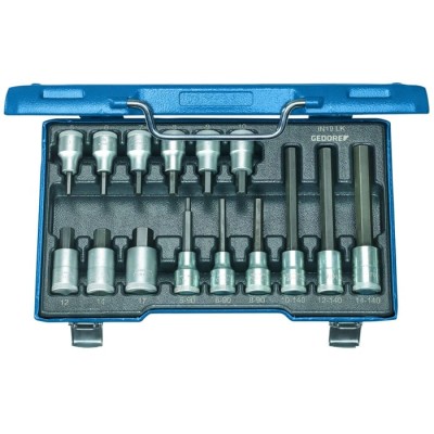 Gedore Hex Screwdriver Bit Set, 15 Pieces, Vanadium Steel, Sizes Hex 5 to Hex 19, 1/2 in Drive, 320mm Length IN 19 LKM