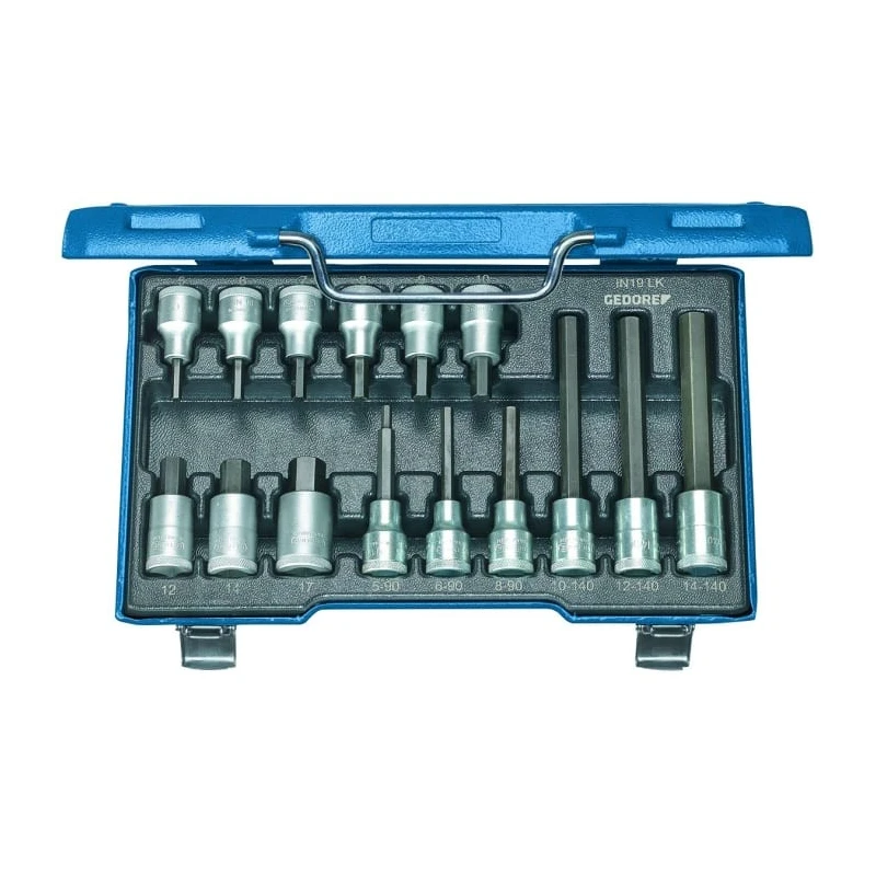 Gedore Hex Screwdriver Bit Set, 15 Pieces, Vanadium Steel, Sizes Hex 5 to Hex 19, 1/2 in Drive, 320mm Length IN 19 LKM