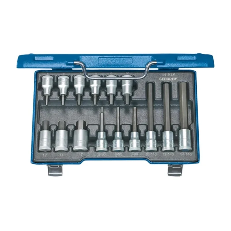 Gedore Hex Screwdriver Bit Set, 15 Pieces, Vanadium Steel, Sizes Hex 5 to Hex 19, 1/2 in Drive, 320mm Length IN 19 LKM